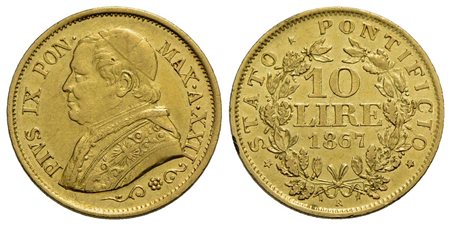 ROMA - Pio IX (1866-1878) - 10 Lire - 1867 A. XXII - AU R Pag. 542; Mont. 357<br>BB-SPL