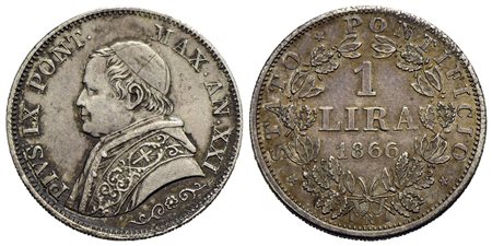 ROMA - Pio IX (1866-1878) - Lira - 1866 A. XXI - AG R Pag. 566; Mont. 376 Busto piccolo<br>SPL/SPL+