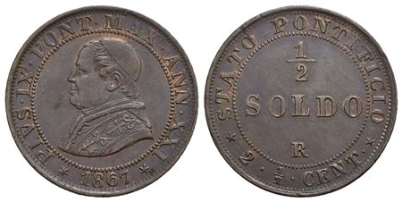 ROMA - Pio IX (1866-1878) - Mezzo soldo - 1867 A. XXI - CU Pag. 605; Mont. 415<br>qFDC