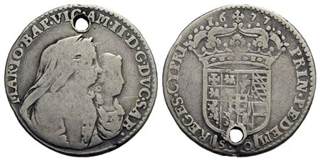 Vittorio Amedeo II (reggenza, 1675-1680) - Mezza lira - 1677 - AG R MIR 839c Forata<br>MB