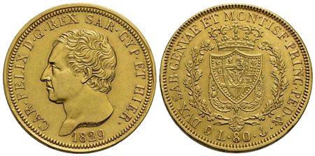 Carlo Felice (1821-1831) - 80 Lire - 1829 G - AU RR Pag. 33; Mont. 15 * su T<br>qSPL/SPL