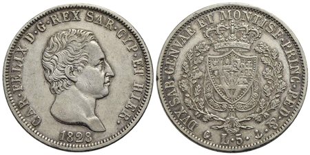 Carlo Felice (1821-1831) - 5 Lire - 1828 G - AG Pag. 74; Mont. 66<br>BB+