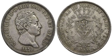 Carlo Felice (1821-1831) - 5 Lire - 1830 T (P) - AG R Pag. 79a; Mont. 70 Segnetto al D/<br>qSPL