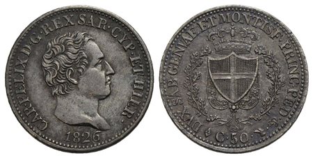 Carlo Felice (1821-1831) - 50 Centesimi - 1826 T - AG Pag. 113; Mont. 111 Patina di antica raccolta<