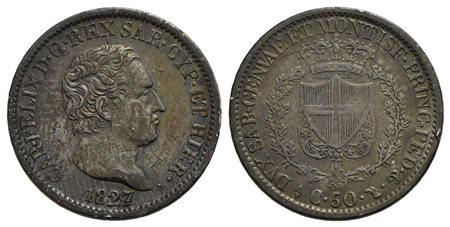 Carlo Felice (1821-1831) - 50 Centesimi - 1827 T - AG Pag. 115; Mont. 113<br>qSPL