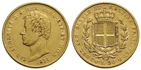 Carlo Alberto (1831-1849) - 20 Lire - 1834 T - AU Pag. 180; Mont. 49<br>BB+/qSPL