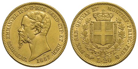 Vittorio Emanuele II (1849-1861) - 20 Lire - 1857 T - AU Pag. 351; Mont. 17 Segnettini<br>SPL/SPL+