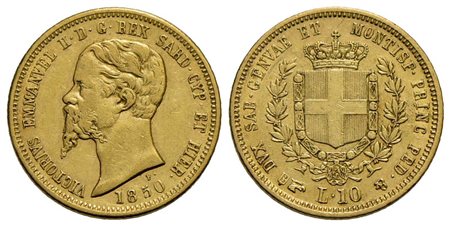 Vittorio Emanuele II (1849-1861) - 10 Lire - 1850 T - AU RR Pag. 361; Mont. 28<br>qBB/BB+