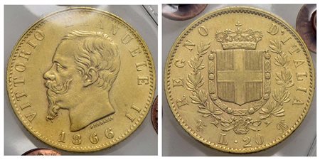 Vittorio Emanuele II Re d'Italia (1861-1878) - 20 Lire - 1866 T - AU R Pag. 460; Mont. 136 Periziata