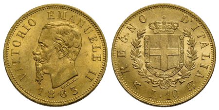 Vittorio Emanuele II Re d'Italia (1861-1878) - 10 Lire - 1863 T (18,8) - AU Pag. 477a; Mont. 156<br>