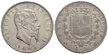 Vittorio Emanuele II Re d'Italia (1861-1878) - 5 Lire - 1865 N - AG R Pag. 486; Mont. 168 Segnetti a