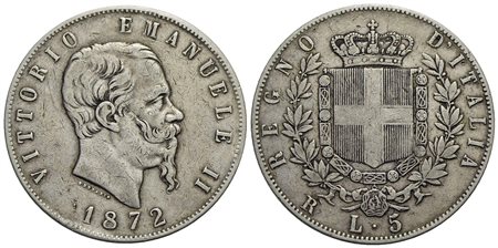 Vittorio Emanuele II Re d'Italia (1861-1878) - 5 Lire - 1872 R - AG RR Pag. 495; Mont. 179<br>BB