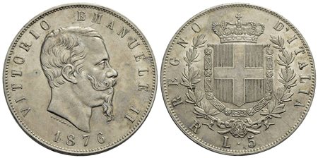 Vittorio Emanuele II Re d'Italia (1861-1878) - 5 Lire - 1876 R - AG R Pag. manca; Mont. manca R del 