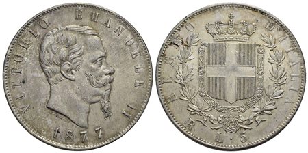 Vittorio Emanuele II Re d'Italia (1861-1878) - 5 Lire - 1877 R - AG Pag. 502; Mont. 189 Patina di an