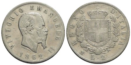 Vittorio Emanuele II Re d'Italia (1861-1878) - 2 Lire - 1862 N Stemma - AG RR Pag. 505; Mont. 194<br