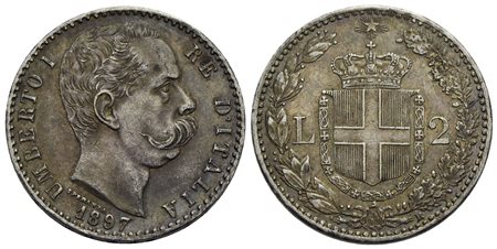 Umberto I (1878-1900) - 2 Lire - 1897 - AG Pag. 598; Mont. 43 Patina scura<br>SPL/SPL+