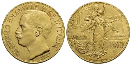 Vittorio Emanuele III (1900-1943) - 50 Lire - 1911 Cinquantenario - AU R Pag. 656; Mont. 34<br>qFDC/