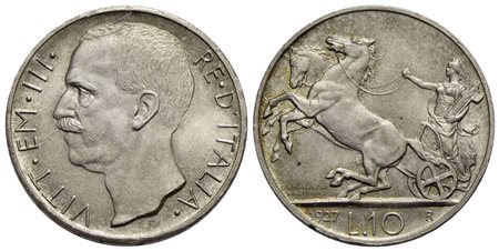 Vittorio Emanuele III (1900-1943) - 10 Lire - 1927 ** Biga - AG Pag. 692a; Mont. 90 Segnetti di cont