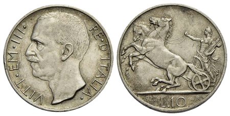 Vittorio Emanuele III (1900-1943) - 10 Lire - 1927 ** Biga - AG Pag. 692a; Mont. 90 Colpetto<br>qSPL