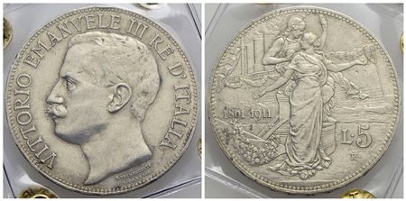 Vittorio Emanuele III (1900-1943) - 5 Lire - 1911 Cinquantenario - AG R Pag. 707; Mont. 110 Colpetto