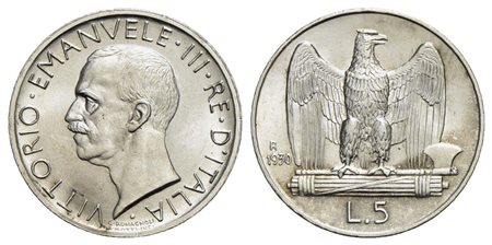 Vittorio Emanuele III (1900-1943) - 5 Lire - 1930 Aquiletta - AG Pag. 713; Mont. 125 Eccezionale<br>