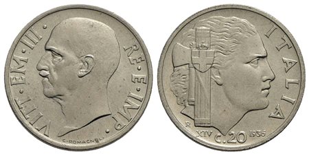 Vittorio Emanuele III (1900-1943) - 20 Centesimi - 1936 XIV Impero - NI RR Pag. 853; Mont. 305<br>qF