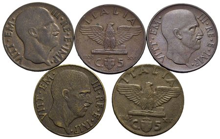 Vittorio Emanuele III (1900-1943) - 5 Centesimi - 1937-8-41-42-43 Impero - CU R Lotto di 5 monete (i