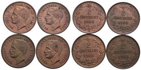 Vittorio Emanuele III (1900-1943) - 2 Centesimi - 1908 Valore - CU Pag. 930; Mont. 402 Lotto di 4 mo