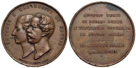 SAVOIA - Umberto I (1878-1900) - Medaglia - 1868 - Nozze - Busti del Re e della Regina affiancati a 