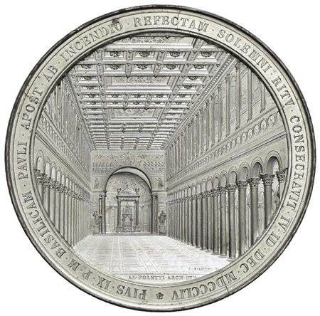 PAPALI - Pio IX (1846-1866) - Medaglia - 1854 - Ricostruzione della Basilica di San Paolo - Interno 