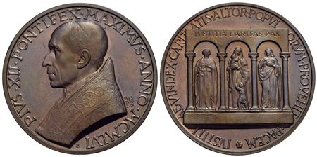 PAPALI - Pio XII (1939-1958) - Medaglia - 1956 - 80° Genetliaco - Busto a s. - R/ Le tre figure alle