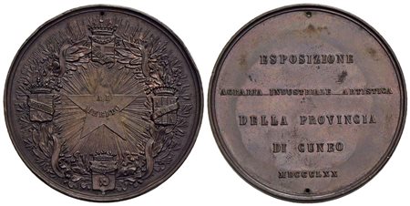 CITTA' - Cuneo - Medaglia - 1870 - Esposizione Agricola Industriale - Stemmi e stella - R/ Scritta Ø