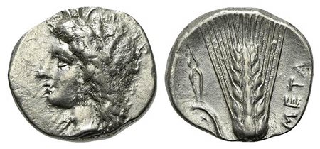 Southern Lucania, Metapontion, Stater, ca. 330-290 BC. AR (g 7,84; mm 21; h 6). Wreathed head of Demeter l.; Rv. META, Barley ear, leaf to l.; tongs above leaf, [ΑΘ]A below. Johnston Class C, 4; HNItaly 1583. Very fine