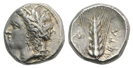 Southern Lucania, Metapontion, Stater, ca. 330-290 BC; AR (19mm, 7.95g, 3h). Wreathed head of Demeter l.; Rv. META, Barley ear with leaf to l.; above leaf, griffin springing r.; ΛY below leaf. Johnston Class C, 6; HNItaly 1589; SN