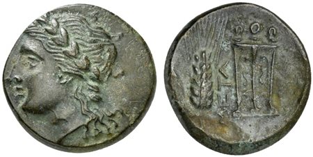 Southern Lucania, Metapontion, ca. 300-250 BC; AE (g 2,71; mm 15; h 2); Laureate head of Apollo l. Rv. META, Grain ear with leaf to l.; tripod to r. Johnston Bronze 40; HNItaly 1675. Green patina, good very fine