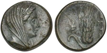 Southern Lucania, Metapontion, ca. 300-250 BC; AE (g 2,69; mm 15; h 3); Veiled head of Demeter r., wearing stephane; Rv. META, Grain ear with bud to l.; monogram to l. Johnston Bronze 57; HNItaly 1693; SNG ANS 573. Very fine