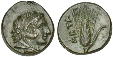 Southern Lucania, Metapontion, ca. 300-250 BC; AE (g 2,31; mm 14; h 3). Head of Herakles r., wearing lion's skin headdress Rv. META, Ear of barley. Johnston Bronze 60; HNItaly 1696; SNG ANS 567. Green patina, good very fine