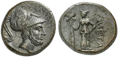 Southern Lucania, Metapontion, ca. 225-200 BC; AE (g 4,47; mm 17; h 6); Helmeted head of Leukippos r. Rv. META, Demeter standing facing, head r., holding long-cross torch. Johnston, Bronze 66; HNItaly 1702. Some roughness, very fi