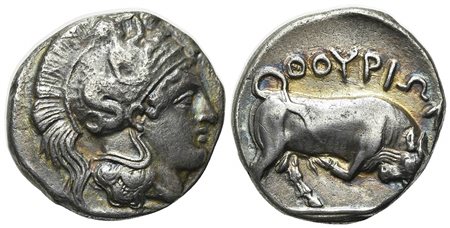 Southern Lucania, Thourioi, Stater, ca. 400-350 BC. AR (g 7.69; mm 20; h 9). Helmeted head of Athena r., helmet decorated with Skylla pointing and holding oar; Rv. ΘOYPIΩN, Bull butting r.; in exergue, fish r. HNItaly 1800; SNG AN