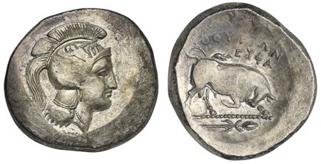 Southern Lucania, Thourioi, Stater, ca. 350-300 BC; AR (g 15,68; mm 28; h 5); Helmeted head of Athena r., helmet decorated with Skylla; Rv. ΘOYPIΩN, Bull butting r.; EYΦA above, thyrsos in exergue. HN Italy 1825. Very fine