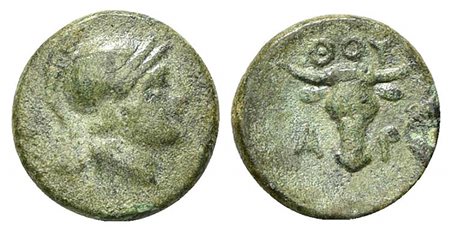 Southern Lucania, Thourioi, after 300 BC; AE (g 0,74; mm 10; h 3). Helmeted head of Athena r.; Rv. ΘOY, Bull head facing; A-P flanking. HNItaly 1922. Green patina, near very fine