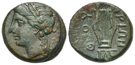 Southern Lucania, Thourioi, after 280 BC; AE (g 3.33; mm 15.5; h 11). Laureate head of Apollo l.; Rv. ΘOY-PIΩN, kithara; monogram below. HNItaly 1926; SNG ANS 1198. Good very fine