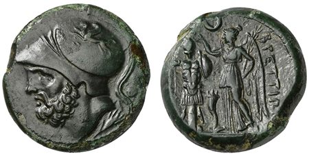 Bruttium, The Brettii, ca. 214-211 BC; AE Double (g 14,69; mm 25; h 11); Bearded head of Ares l., wearing crested Corinthian helmet, decorated with griffin; two pellets to r., grain ear below; Rv. BPETTIΩ[N], Nike standing l., cro