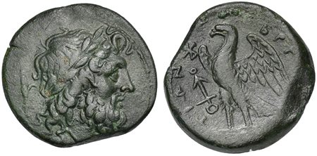 Bruttium, The Brettii, Drachm, ca. 214-211 BC; AE (g 6,66; mm 22; h 9); Laureate head of Zeus r.; harpa behind; Rv. BPETTIΩN, Eagle standing l. on thunderbolt, wings spread; monogram and anchor in l. field. Scheu 23; HNItaly 1979.