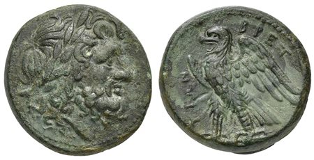Bruttium, The Brettii, ca. 211-208 BC; AE Unit (g 11,18; mm 24; h 3); Laureate head of Zeus r. Rv. BPETTIΩN, Eagle standing l., with wings spread. HNItaly 1980. Green patina, good very fine