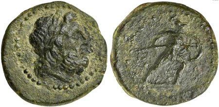 Bruttium, The Brettii, Half Unit, ca. 211-208 BC. AE (g 4,39; mm 18; h 1). Laureate head of Zeus r., Rv. Warrior advancing right, nude but for helmet, holding shield and spear. HNItaly -. Extremely rare and apparently unpublished.