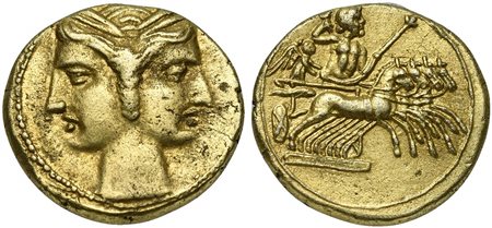 Bruttium, Carthaginian occupation, 3/8 Shekel, c. 216-211 BC. EL (g 2,34; mm 15; h 12), Janiform female heads, each wearing wreath of grain, Rv. Zeus, holding thunderbolt and sceptre, standing in quadriga r., driven by Nike. HNIta