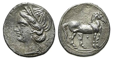 Bruttium, Carthaginian occupation, Quarter Shekel, ca. 216-211 BC. AR (g 1,84; mm 14,5; h 12). Wreathed head of Tanit-Demeter l.; Rv. Horse standing r.; pellet below. HNItaly 2015. Very fine