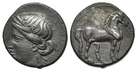 Bruttium, Carthaginian occupation, Quarter Shekel, ca. 215-205 BC. AR (g 1.77; mm 14; h 12). Wreathed head of Tanit-Demeter l.; Rv. Horse standing r. HNItaly 2020. Toned, edge chipped, otherwise very fine