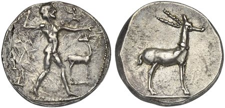 Bruttium, Kaulonia, Stater, ca. 475-425 BC. AR (g 8,20; mm 20; h 6). KAV, Apollo standing r., holding branch and small figure running; on r., stag, Rv. Stag standing r. HNItaly 2046. Cabinet tone, trace of over-striking, otherwise